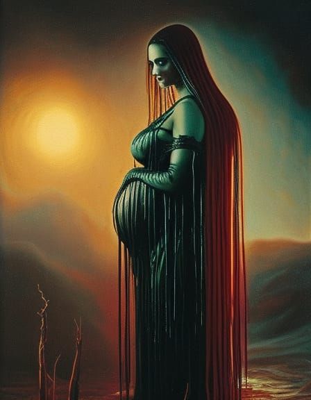 Gothic Horror Portrait: Pregnant Lamia in Biomechanical Styl...
