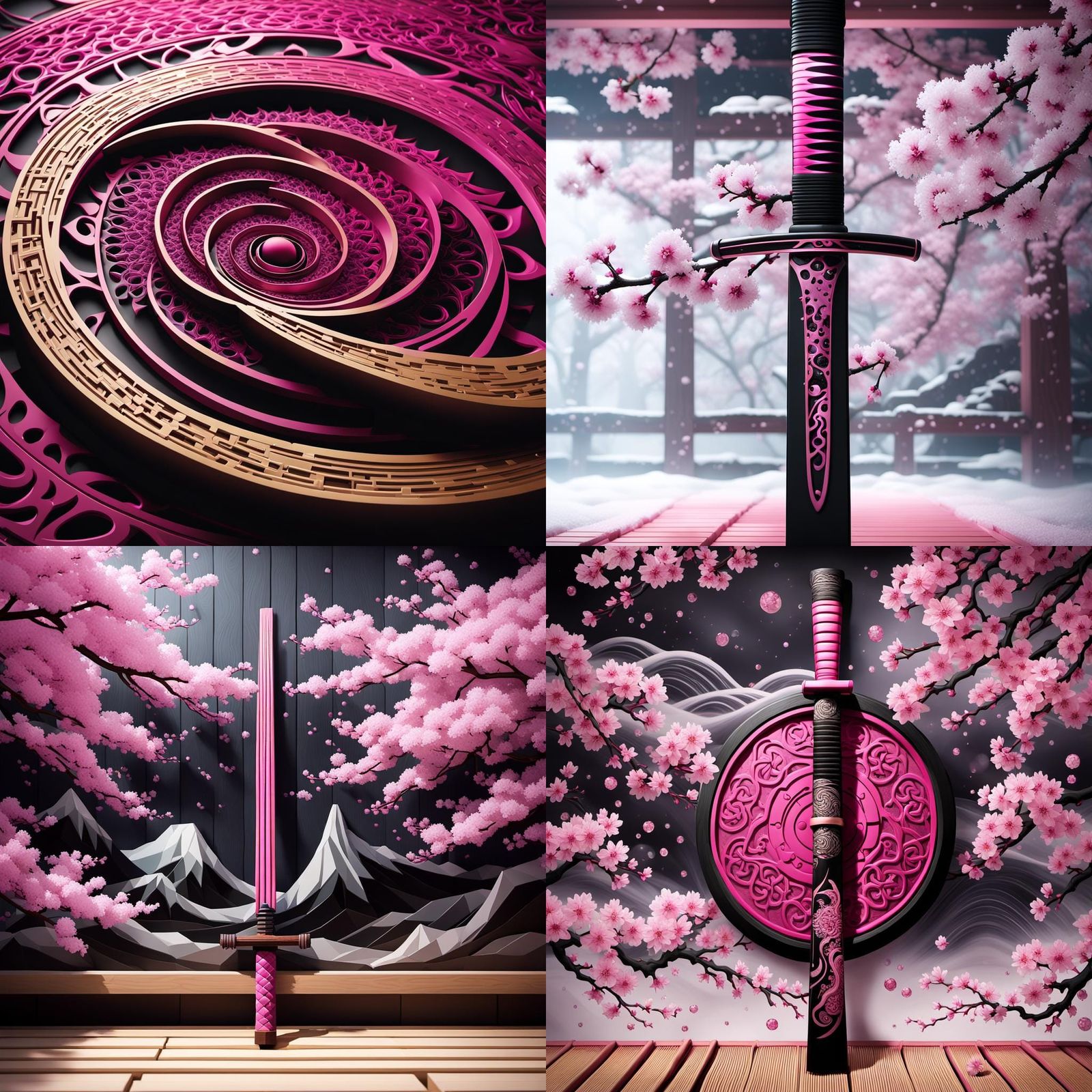 Surreal Cherry Blossom Katana in Tatami Sauna as Abstract Ve...