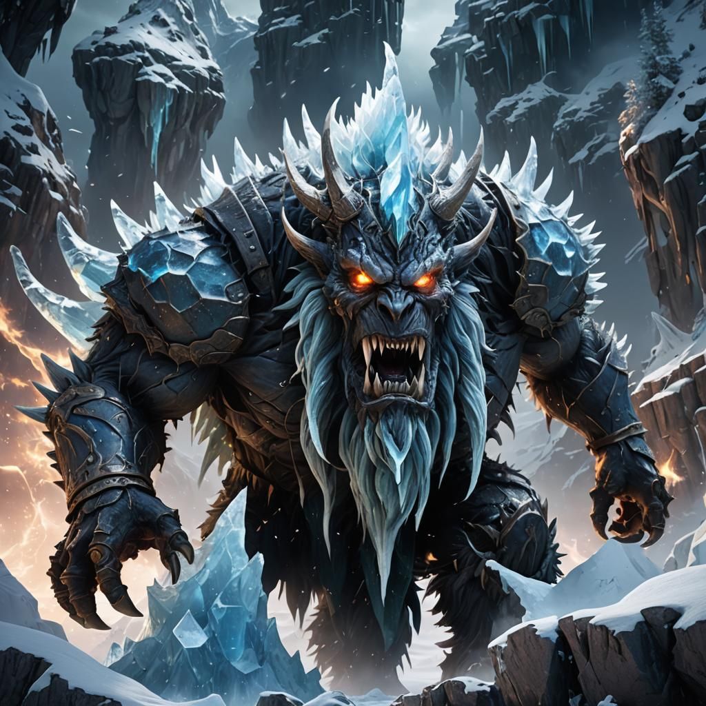 Two-Headed Ice Giant Monster in Detailed Matte Painting