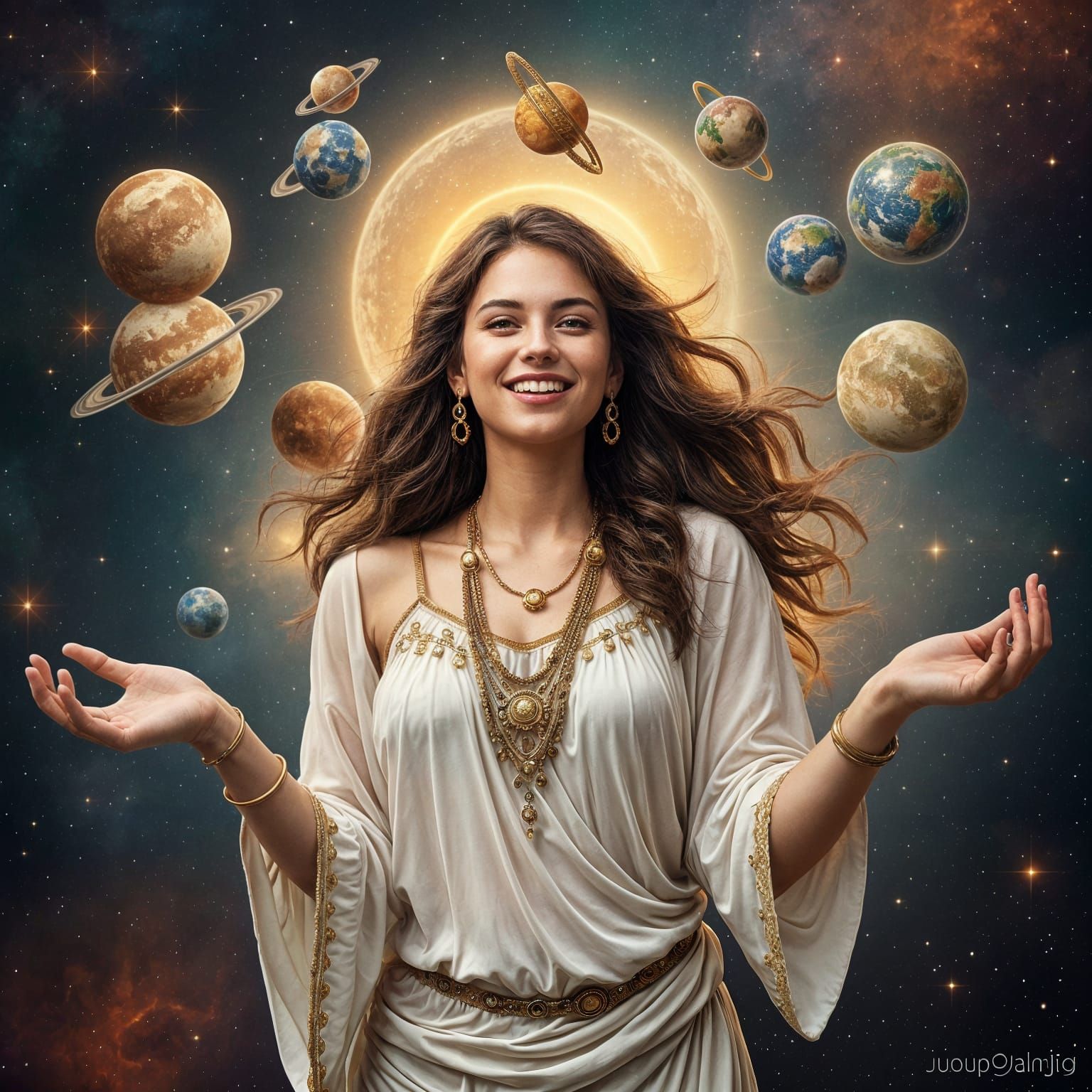 Goddess Juggling Planets in the Cosmos