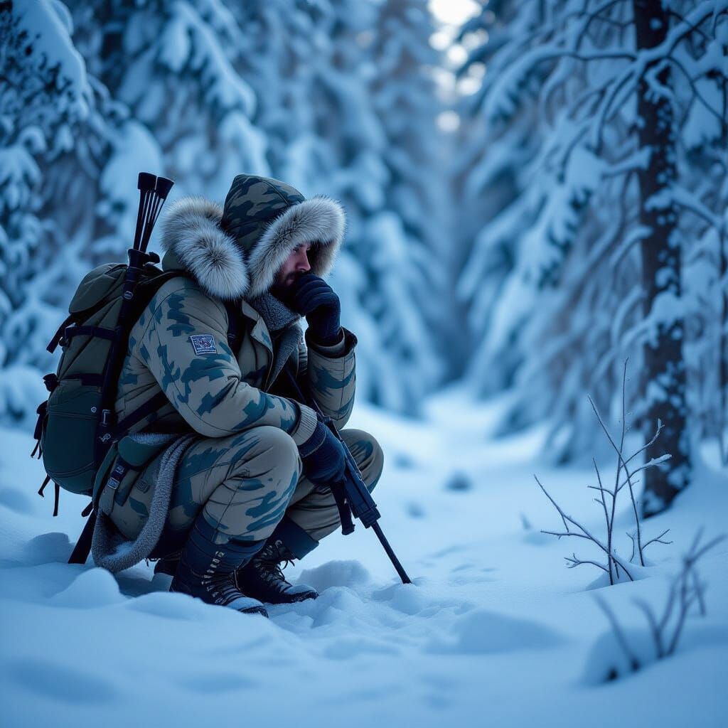 Camouflaged Hunter in Snowy Forest Shadows