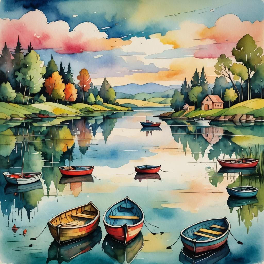 a quiet lake with little boats in the style of whimsical folk-inspired, rural america, colorful cubism, ink and wash, ri...