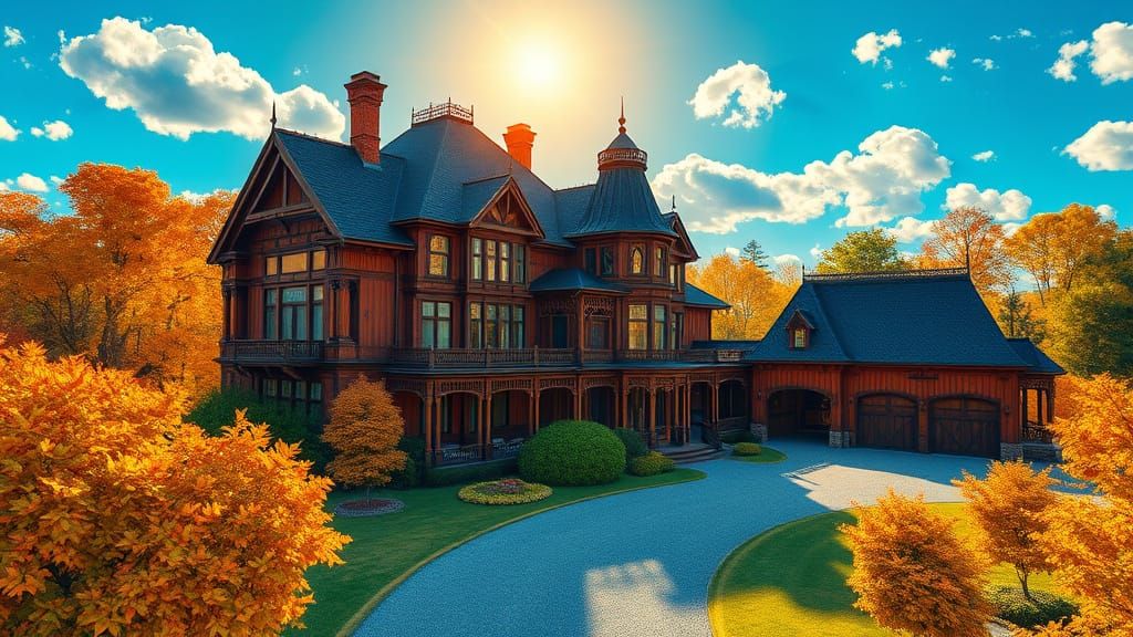 Majestic Victorian Mansion Amidst Vibrant, Sun-Kissed Landsc...