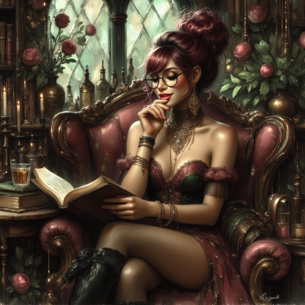 Cozy Library Afternoon with Woman Reading Vintage Novel