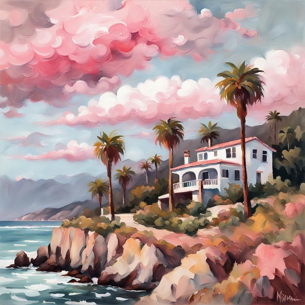 California Coast Landscape in Gouache Style