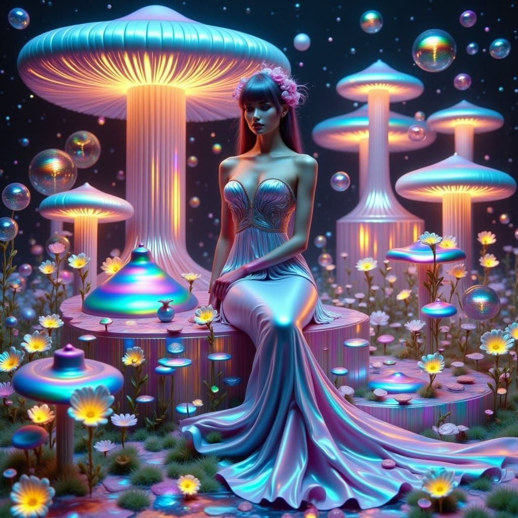 Ethereal Goddess in Iridescent Gown and Neon Hair Amidst Fan...