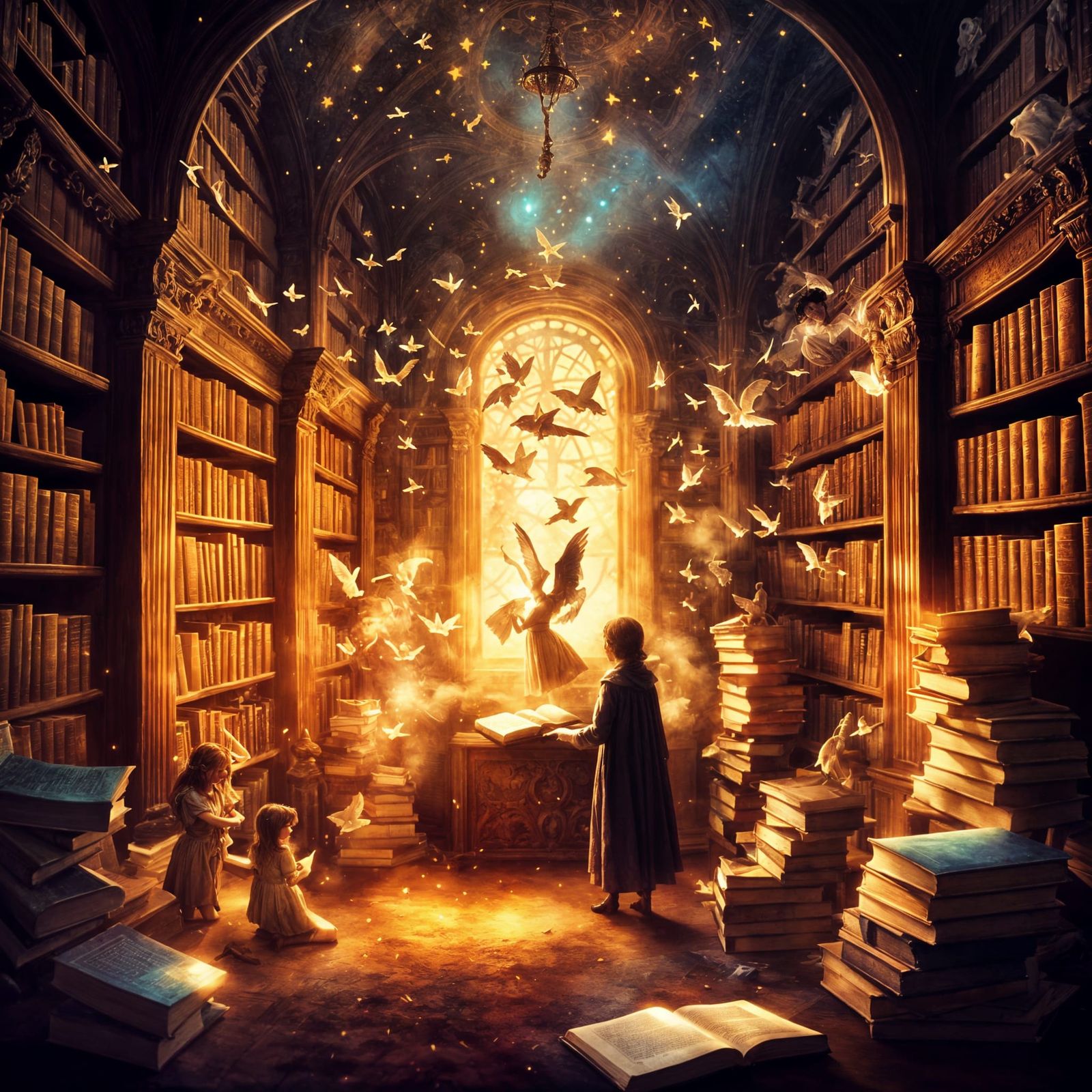 Fairytale Library Scene with Floating Books and Spectral Fig...