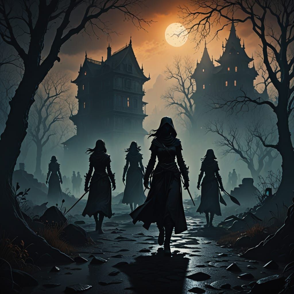 Surreal Women Silhouettes Emerge from Foggy Fantasy Landscap...