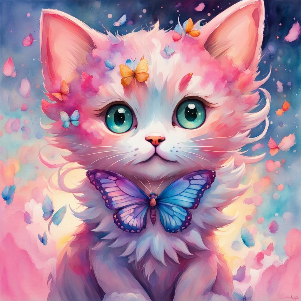 Butterfly Kitten in Gouache Watercolor Style