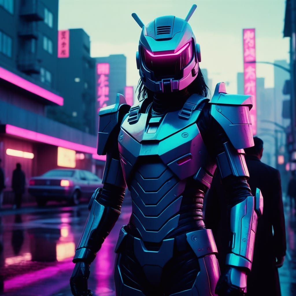 Heroic Japanese Superheroine in Cyberpunk Armor