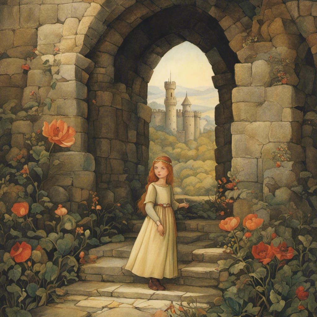 Moody Princess in Medieval Castle, Vintage Fairytale Art