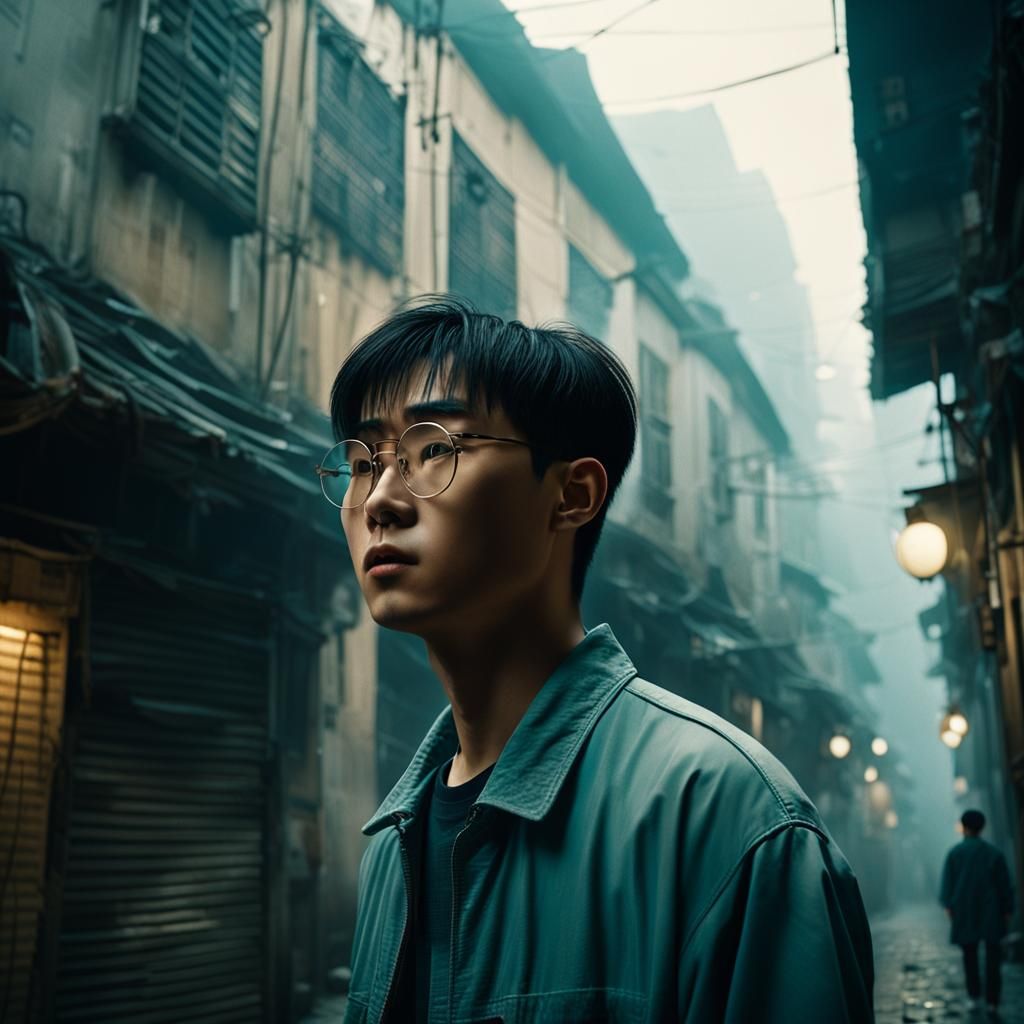 Asian Man in Misty Alleyway, Cinematic Style