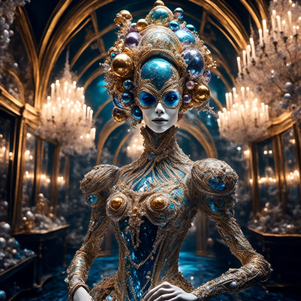 <lora:magination v2:1.0> elaborate 3d full body big faberge Christmas ornament, inside an alien bizzarre female,smili...