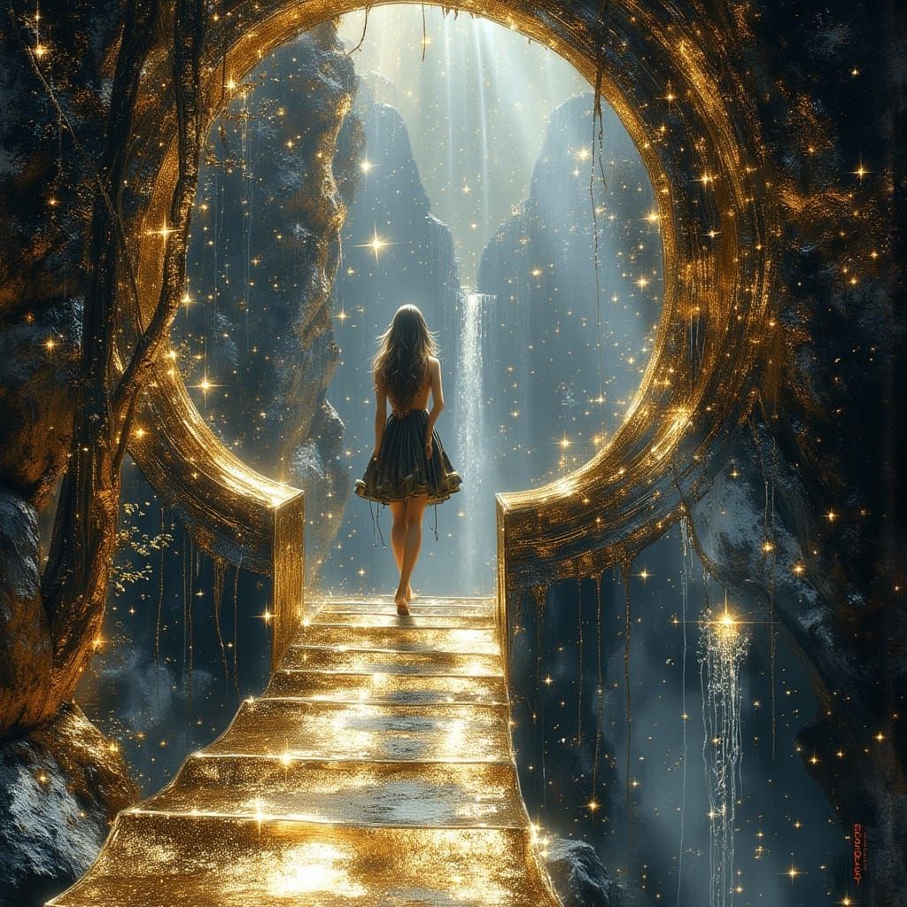 Woman Descends Stairs in Metallic, Frozen Light Aesthetic