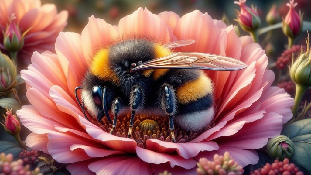 Sleeping Bumblebee in Rose: Hyperrealistic Watercolor