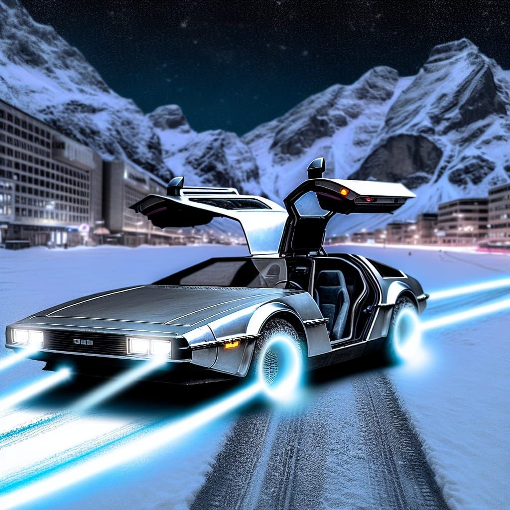 Futuristic Gull-Wing Car Time Traveling on Snowy Mountain