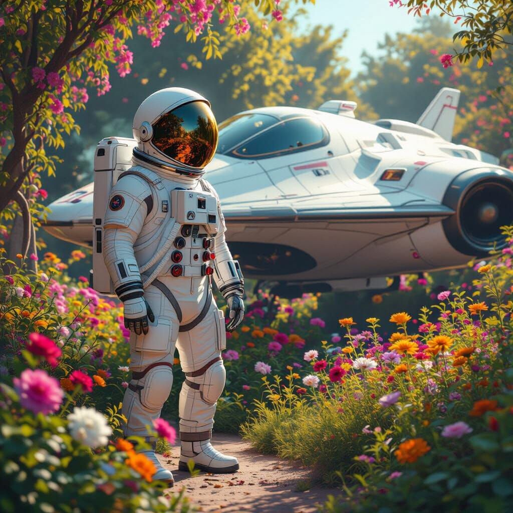 Astronaut and Spaceship in Flower Garden