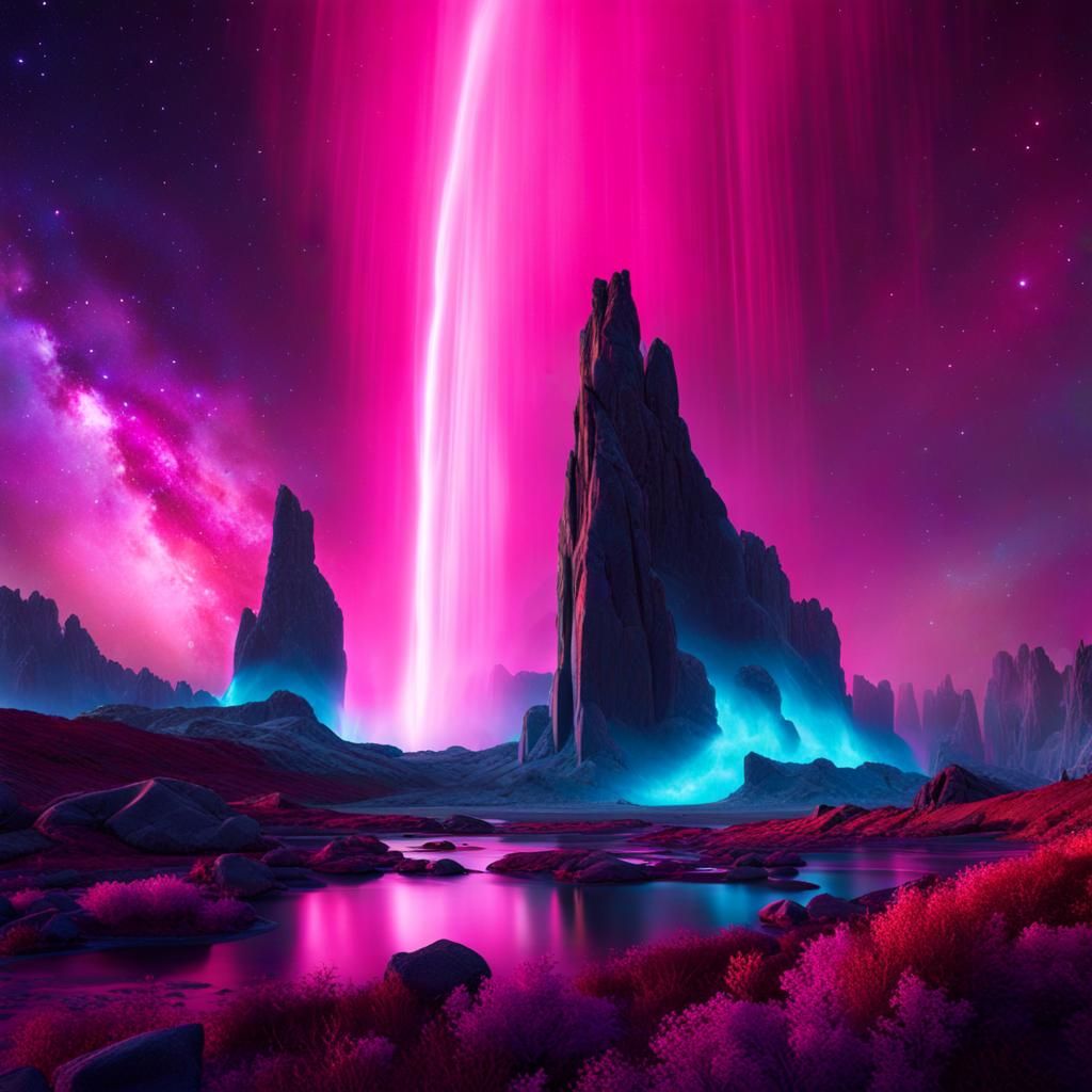 Colorful Monoliths and Pink Waterfall Landscape in 8K