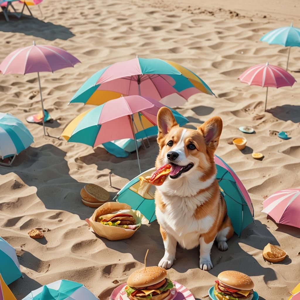 Corgi's Beach Burger: Anime Style Fantasy Art