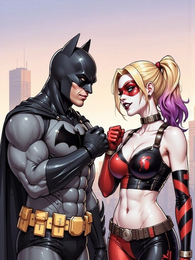 Batman and Harley Quinn Fist Bump in Cityscape