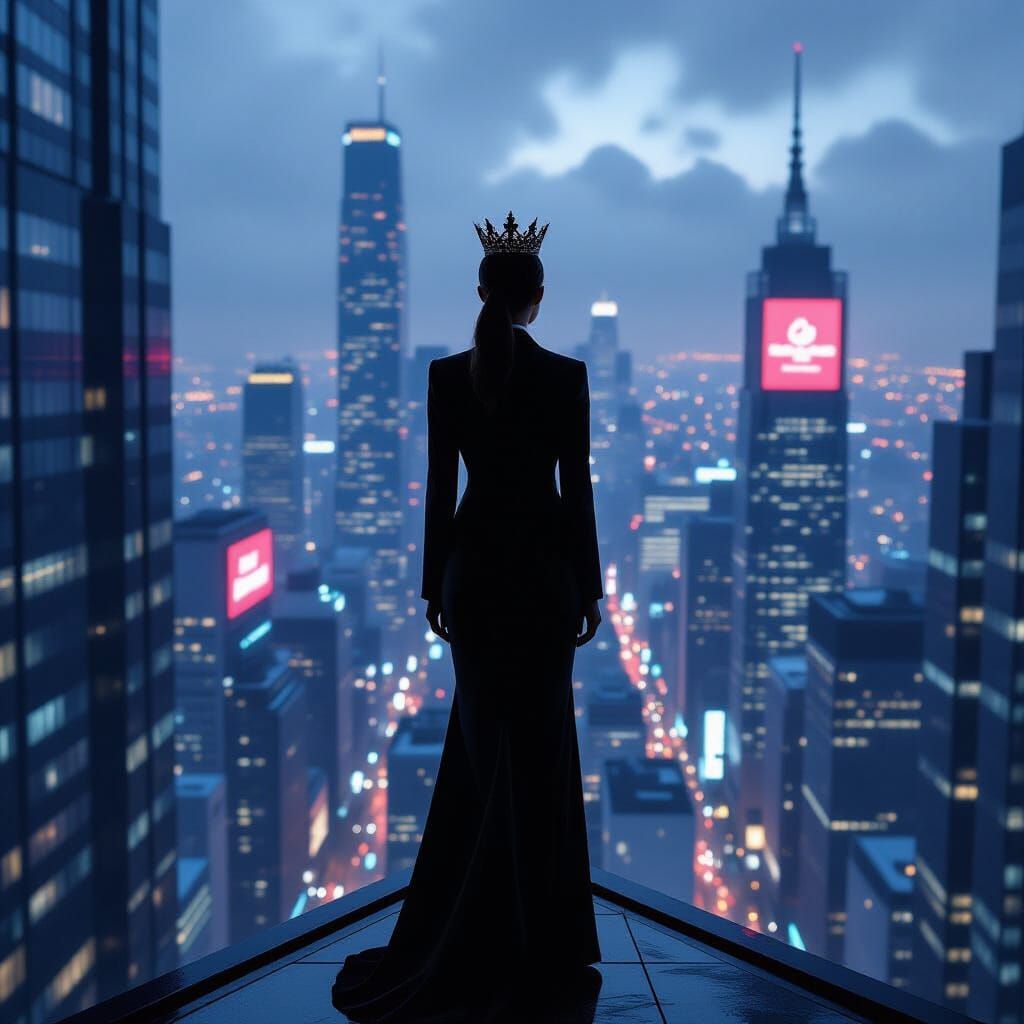 Businesswoman Overseeing Neon Metropolis at Dusk