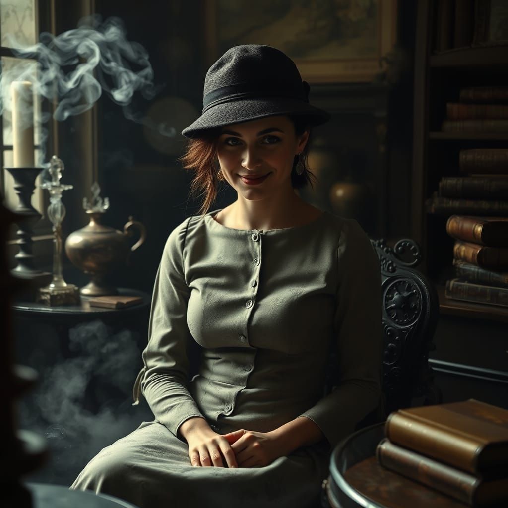 Mysterious Woman in a Vintage Study