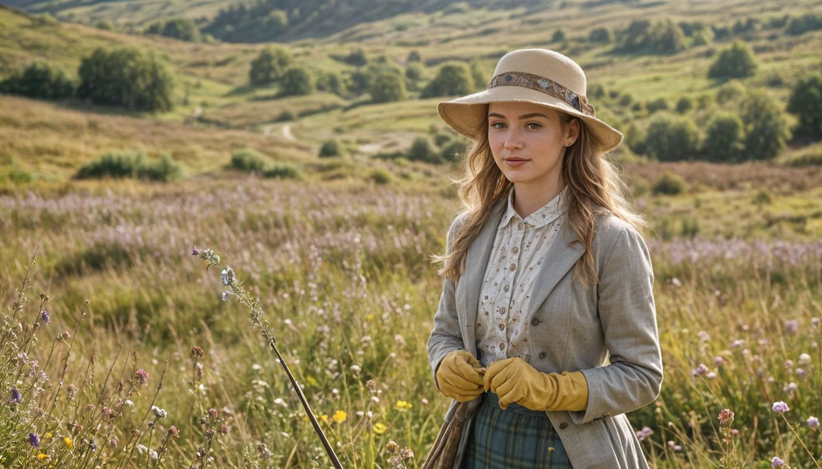 British Woman in Traditional Clothing, Scotland Countryside