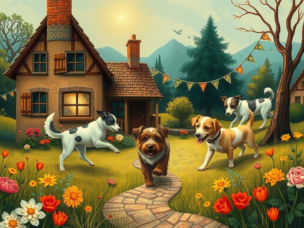 Whimsical Dogs Playing in Folk Art Cottage Landscape