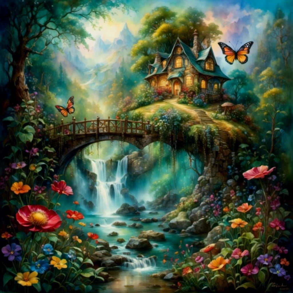 Fantasy Landscape with Fairy Houses and Colorful Crystals