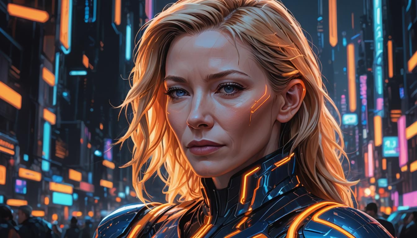 Cate Blanchett as Virtual Warrior in Tron Cityscape