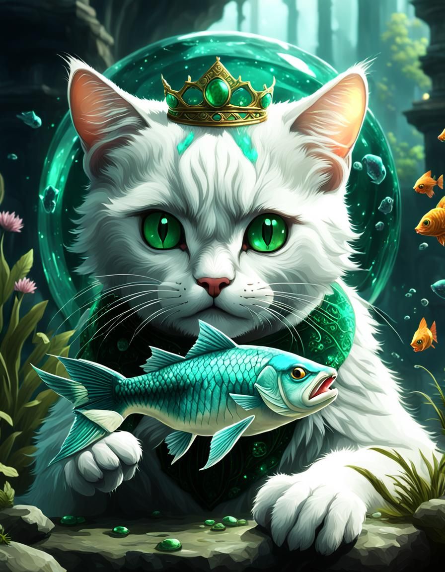 Emerald Prince: White Cat Enjoying Fish, Detailed Digital Ar...
