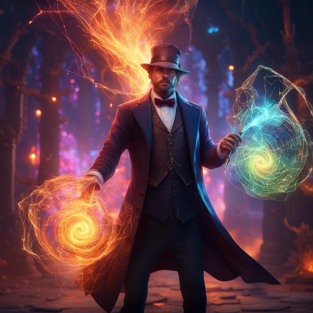 Magician Weaving Cosmic Webs in Luminous Night