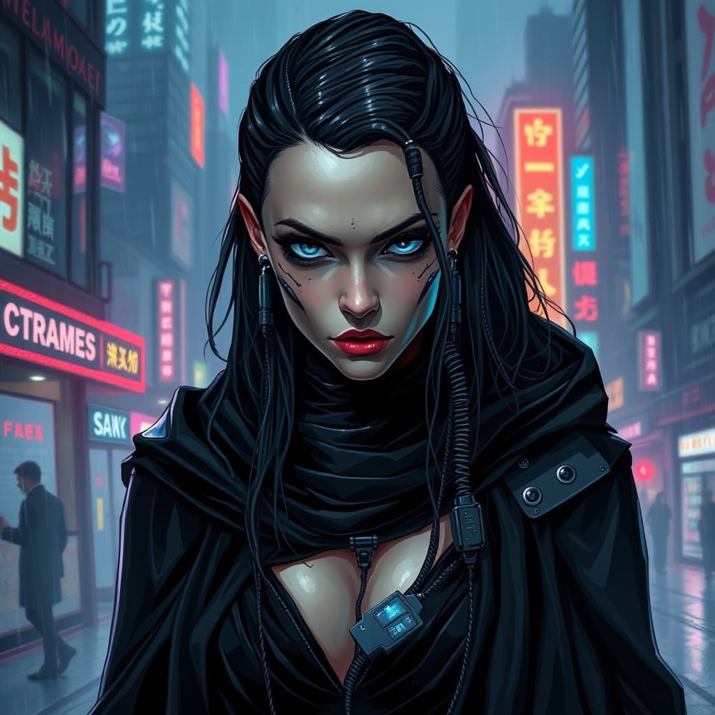 Cyberpunk Gothic Woman in Neon Cityscape