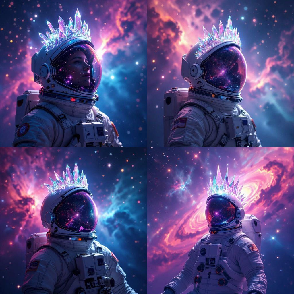 Astronaut with Crystal Crown Adrift in Cosmic Nebula