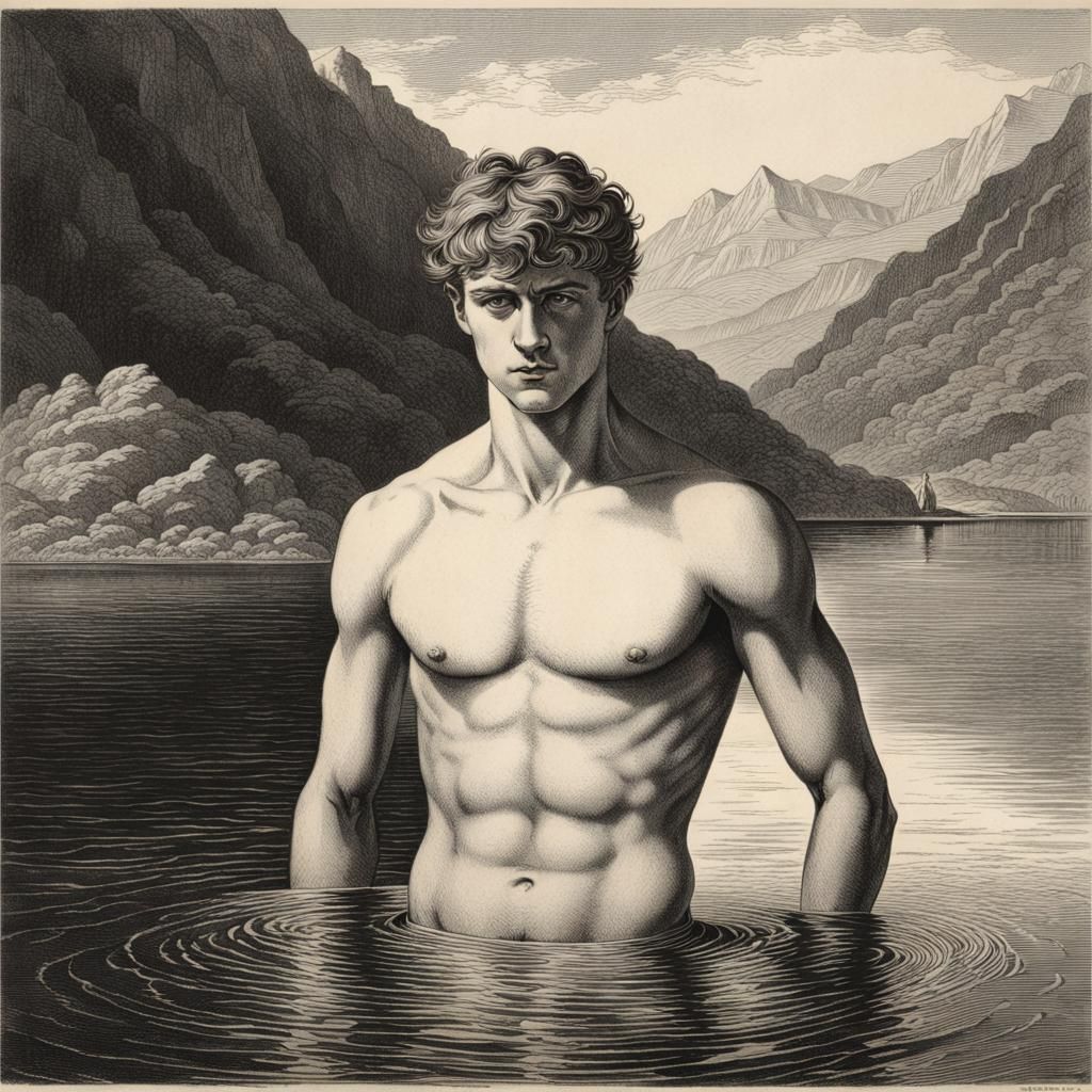 Neoclassical Etching of a Young Man in Lake
