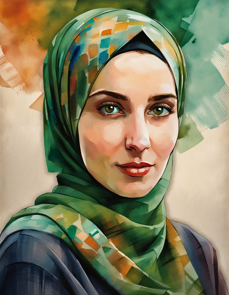Portrait of a Happy Irish Hijabi Woman in Pop Art Style