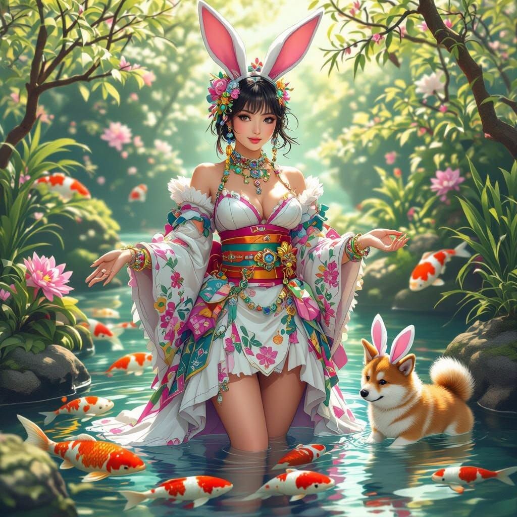 Easter Bunny Goddess in a Japanese Water Garden