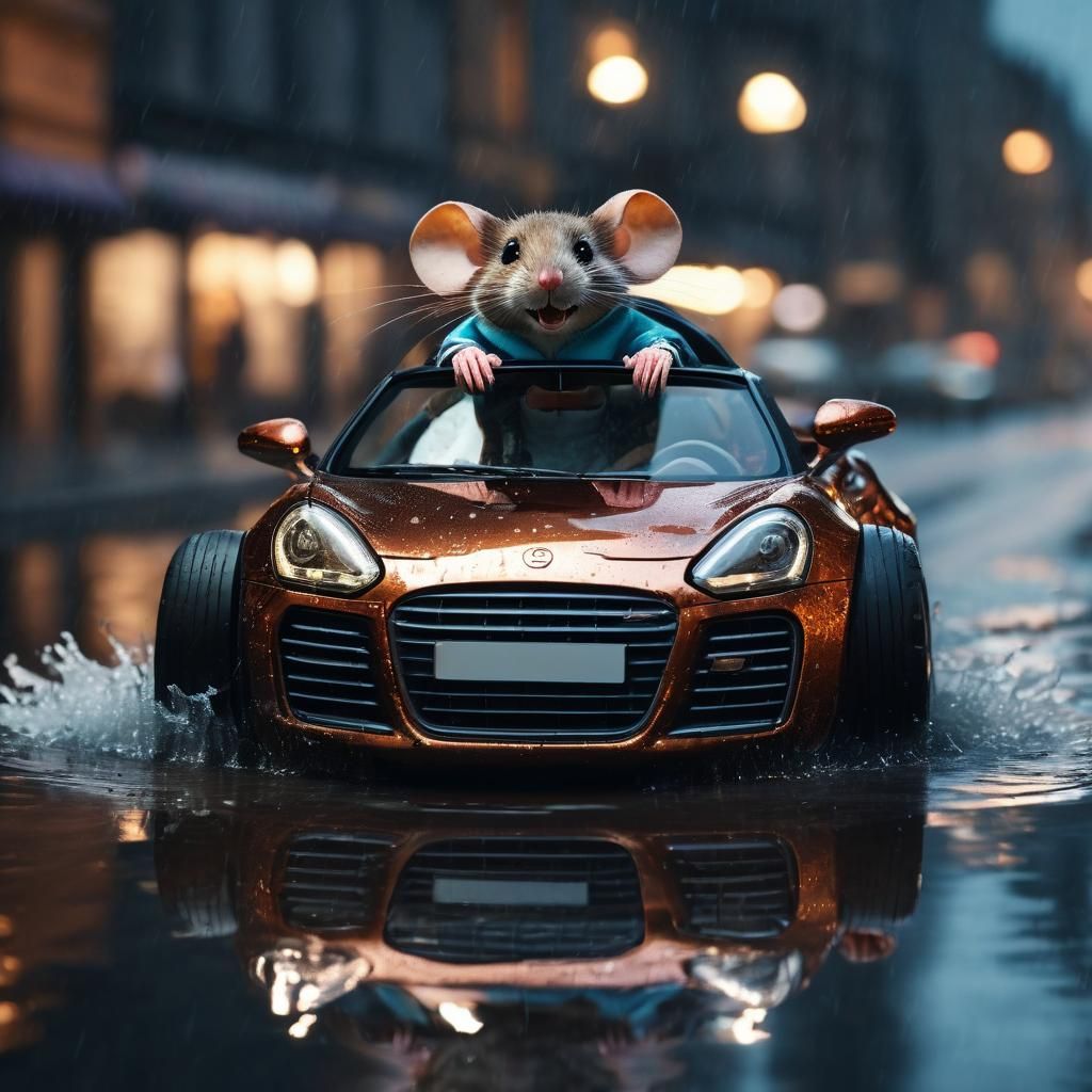 Mouse Driver in Copper Car on Wet Night Road