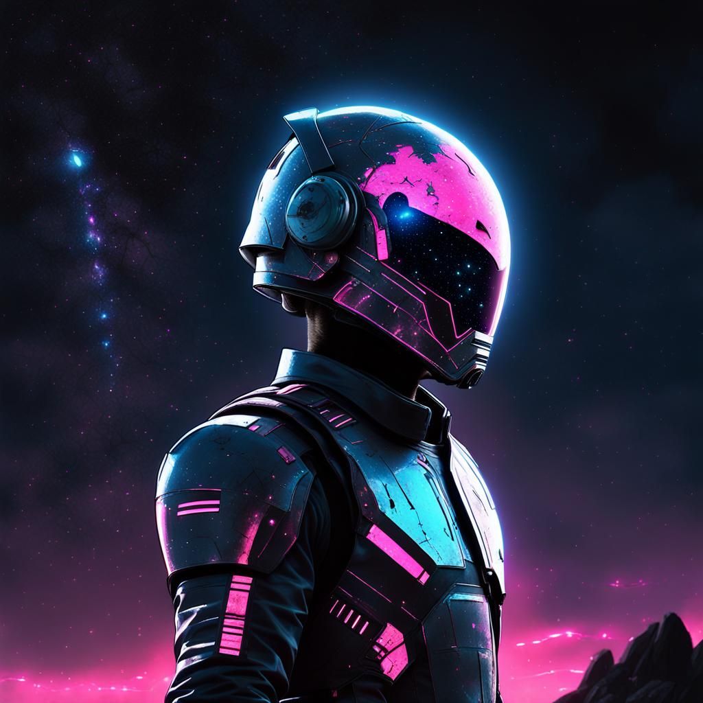 Dystopian Explorer Gazing at Neon Galaxy