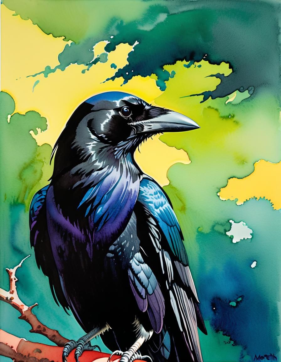Quizzical Crow in Watercolor Style