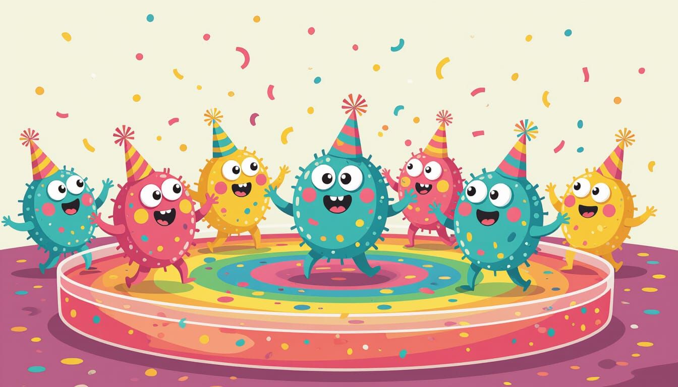 Cheerful Cartoon Microbes Dance Party in Colorful Petri Dish
