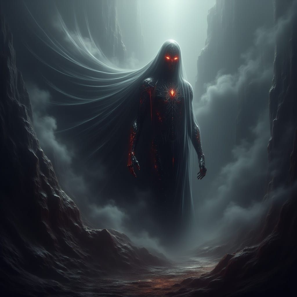Cyberpunk God Walks Through Dark, Haunting Landscape with An...