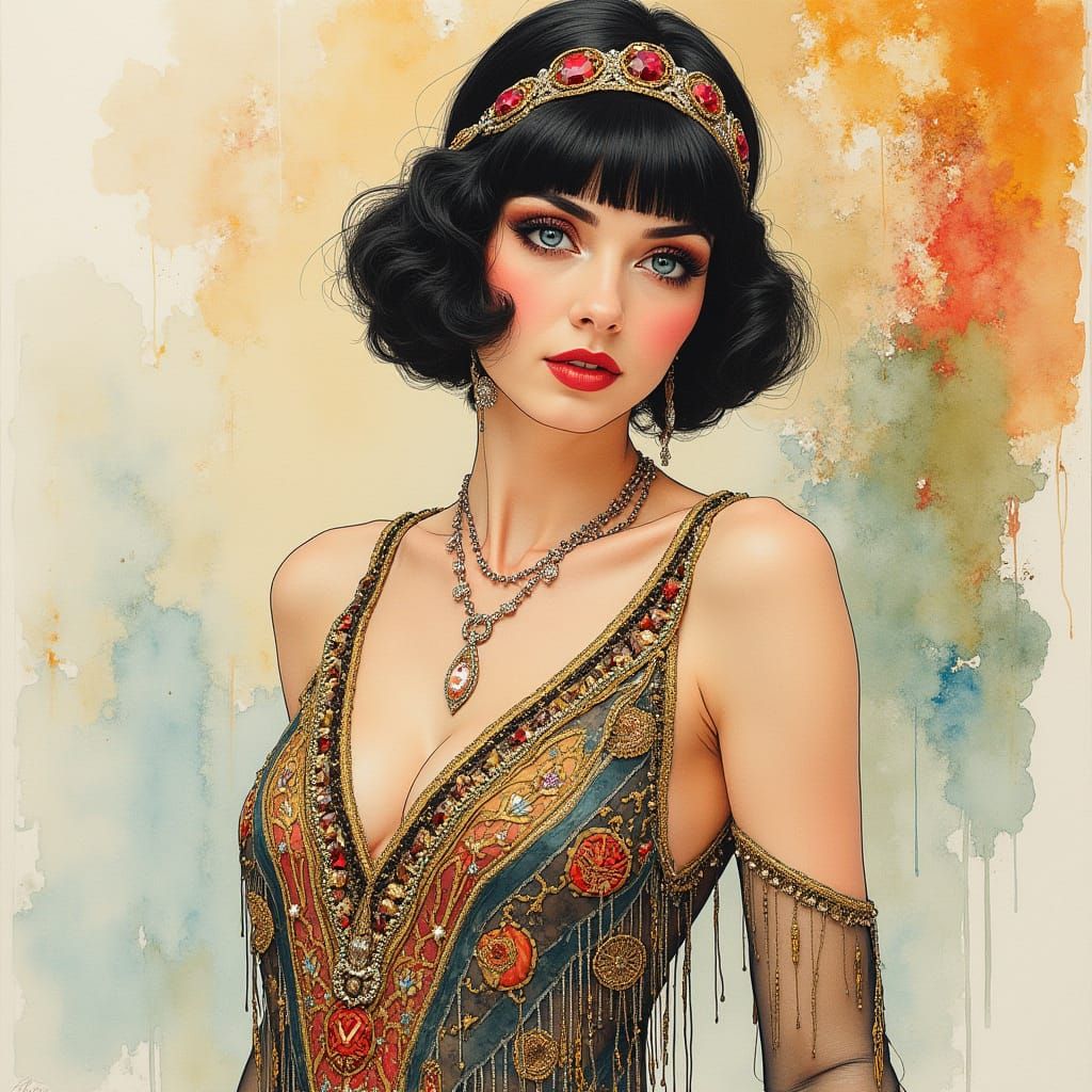 Glamorous Flapper in Roaring Twenties Watercolor