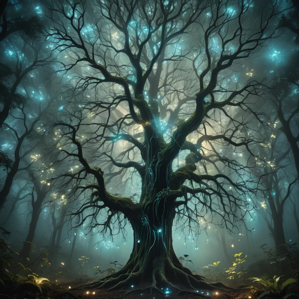 Bioluminescent Tree Illuminates Dark Forest in Oil Painting