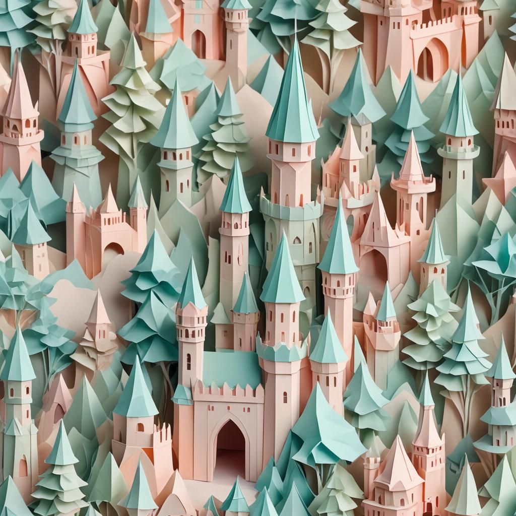 Delicate Paper Castle in Pastel Watercolor Landscape