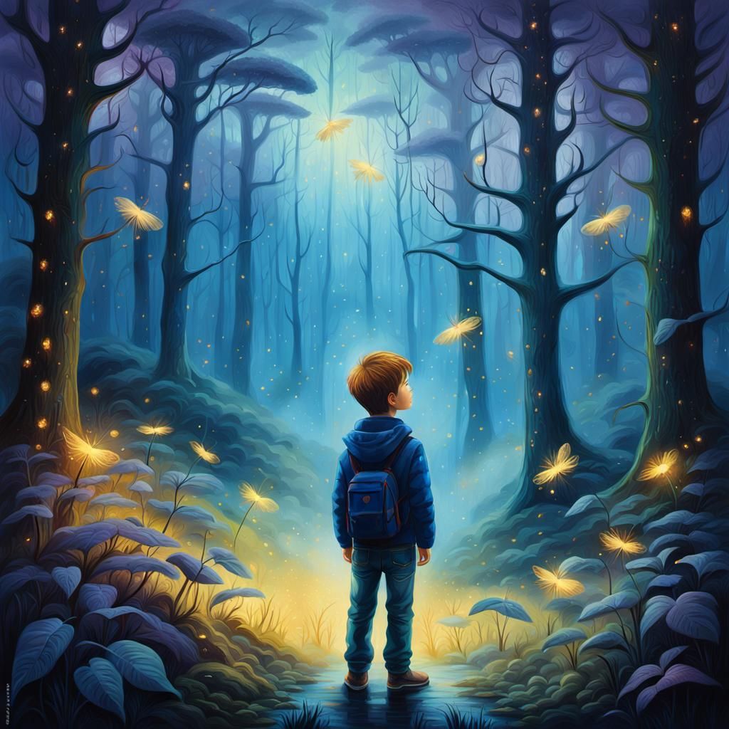 Boy in Misty Forest: Surreal Oil Painting