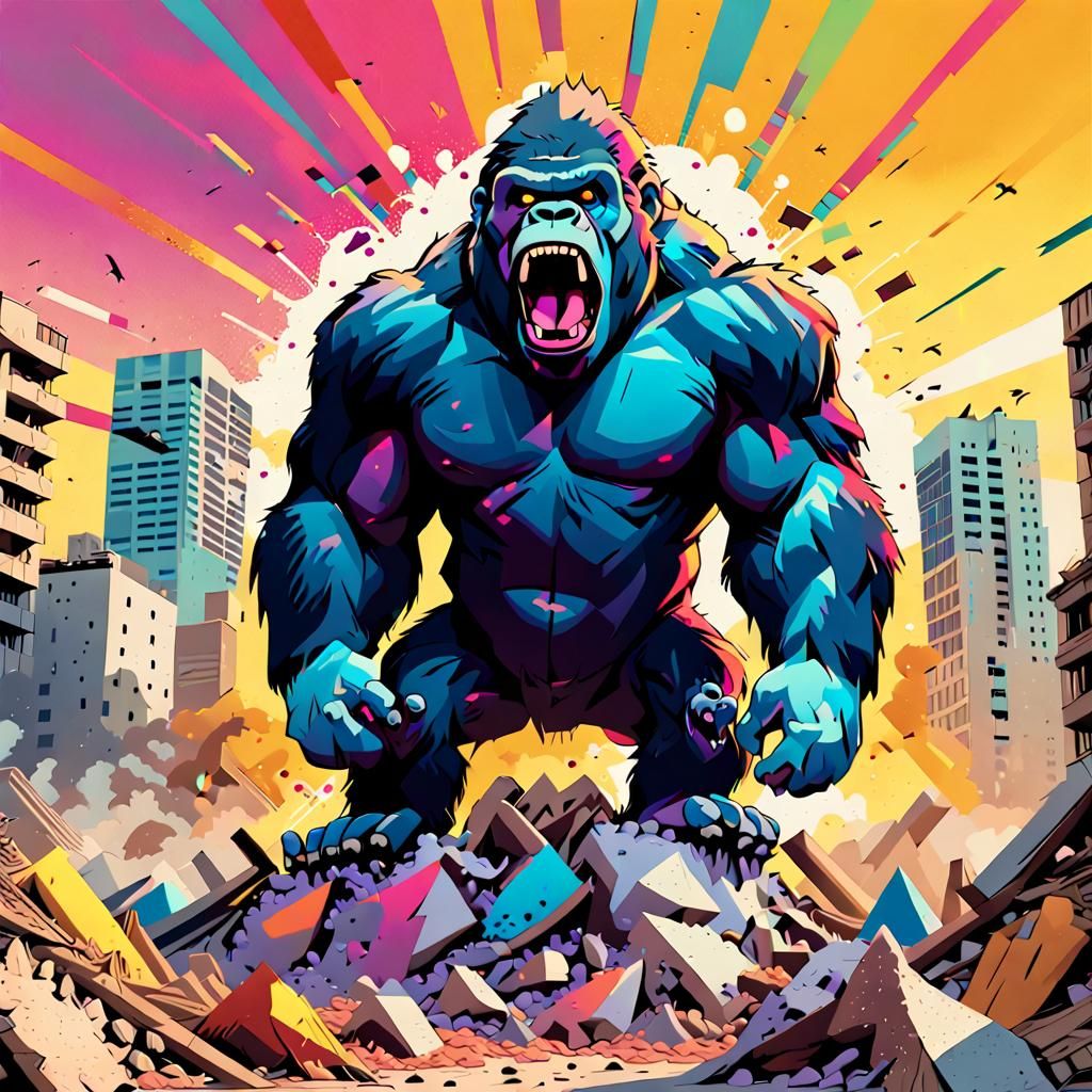 Chromatic Pop Art Gorilla in Geometric Cityscape