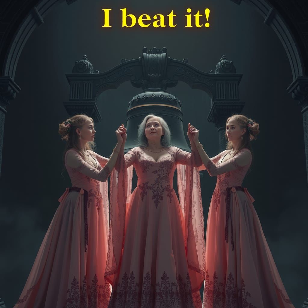 Women Ringing Victory Bell in Dark Fantasy Style