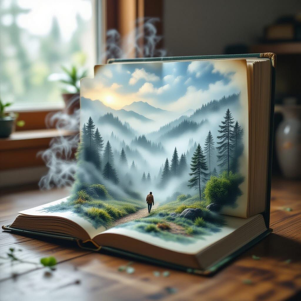 Popup Storybook Reveals Misty Forest Landscape on Desk