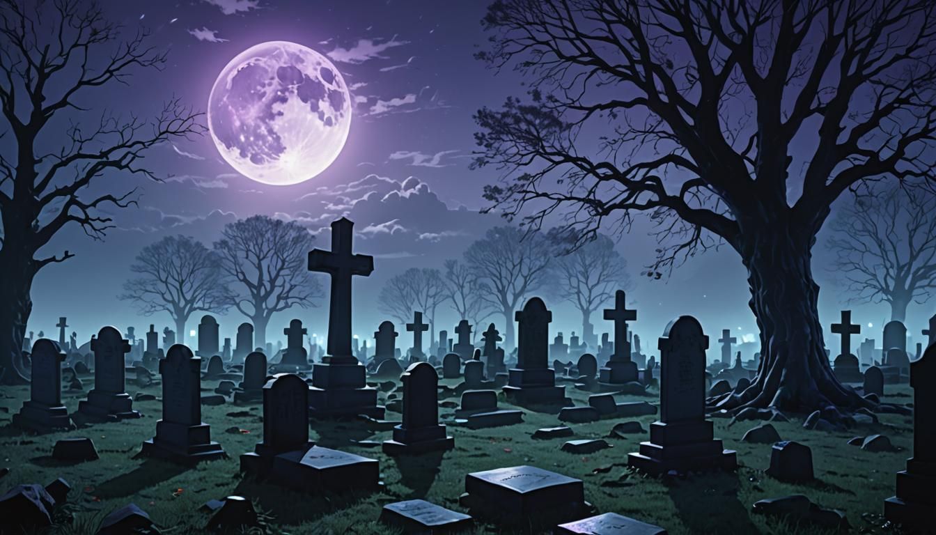 Eerie Ghost in Moonlit Graveyard: Anime-Inspired 3D Art